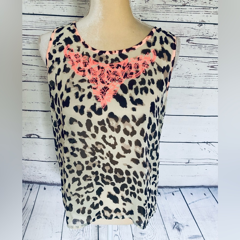 Women’s Medium Tank Top Blu Pepper Animal Print Sheer Embroidery Multicolored